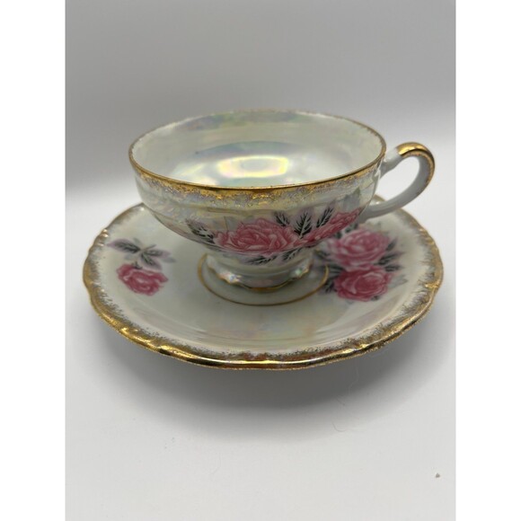 Vintage Luster Ware Cabbage Rose Teacup and Saucer - Picture 1 of 7
